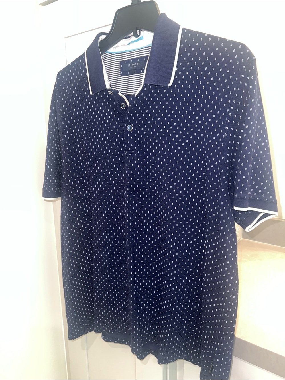 Ted Baker Navy Polo with White Micro-Dot Pattern-LIKE NEW • GREAT DEAL!